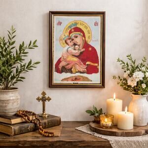 Vintage Handmade Cross Stitch Pochaiv Mother Of God Orthodox Icon Framed